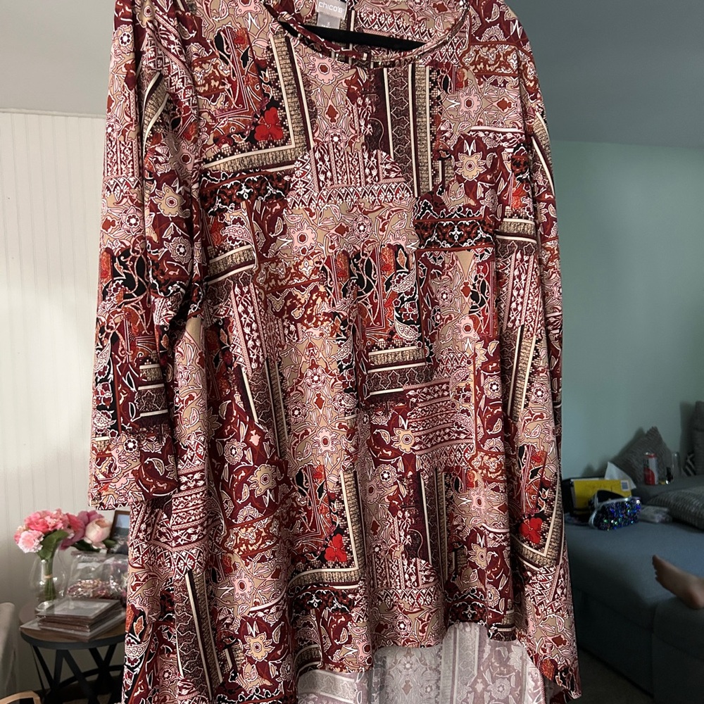 Chico's Burgundy Patchwork Floral Tunic